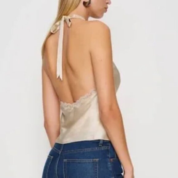 BEST Reformation Monica Silk Top - Almond Cream Halter Lace French Quiet Lux - Picture 5 of 11